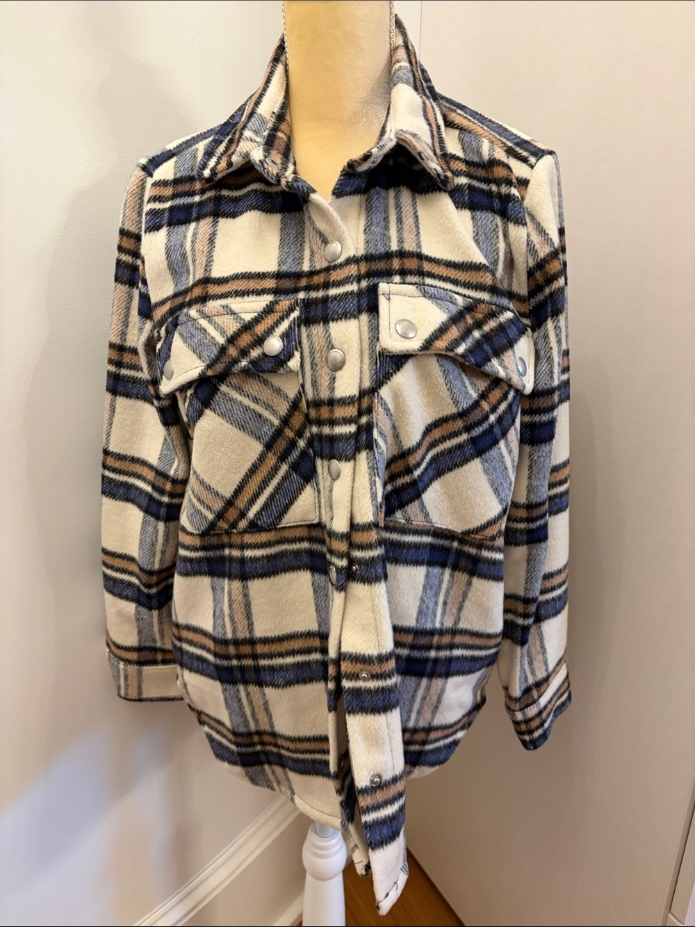 Blank NYC Cream & Blue Plaid Snap-Front Shacket